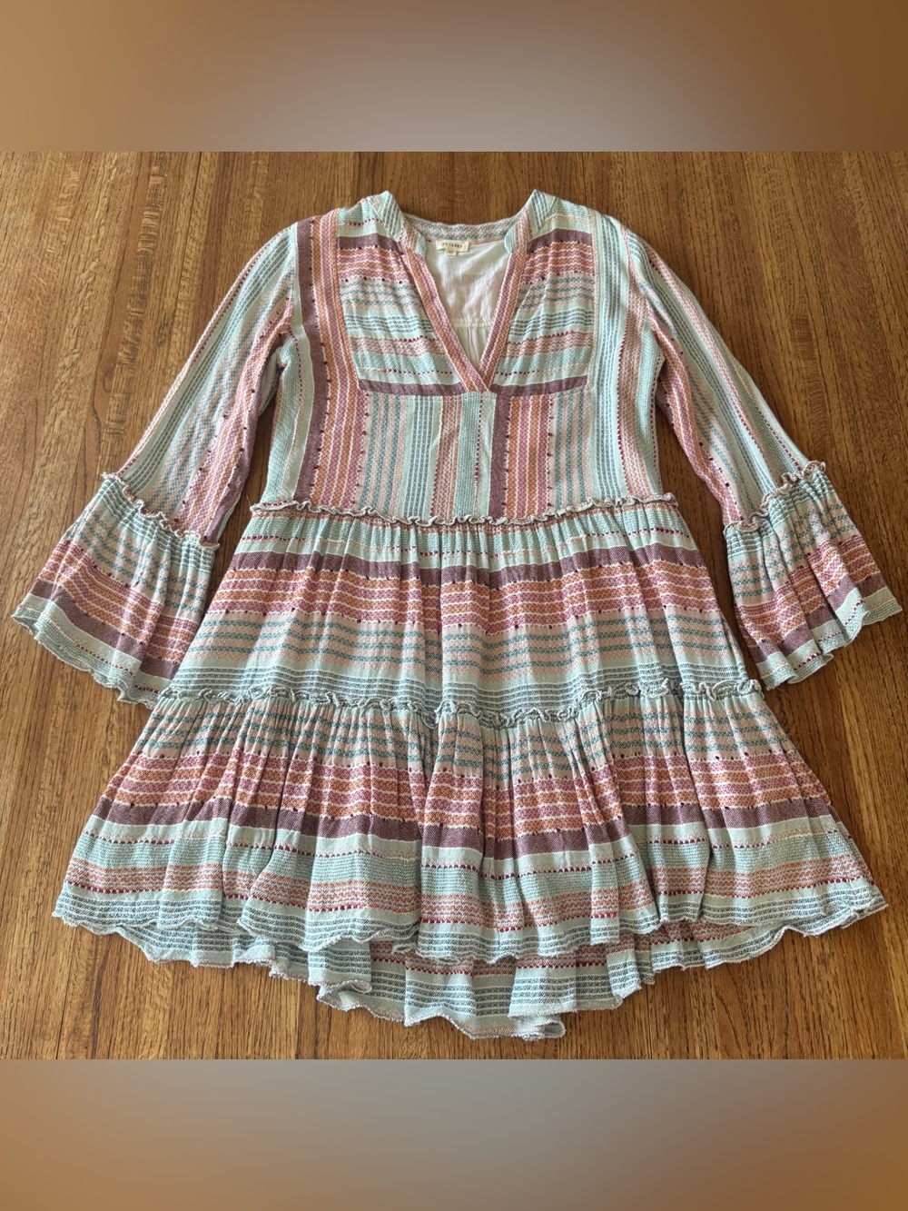 En Crème Darlene Multi-Stripe Tiered Mini Dress - Boho Bell Sleeve, Size XS